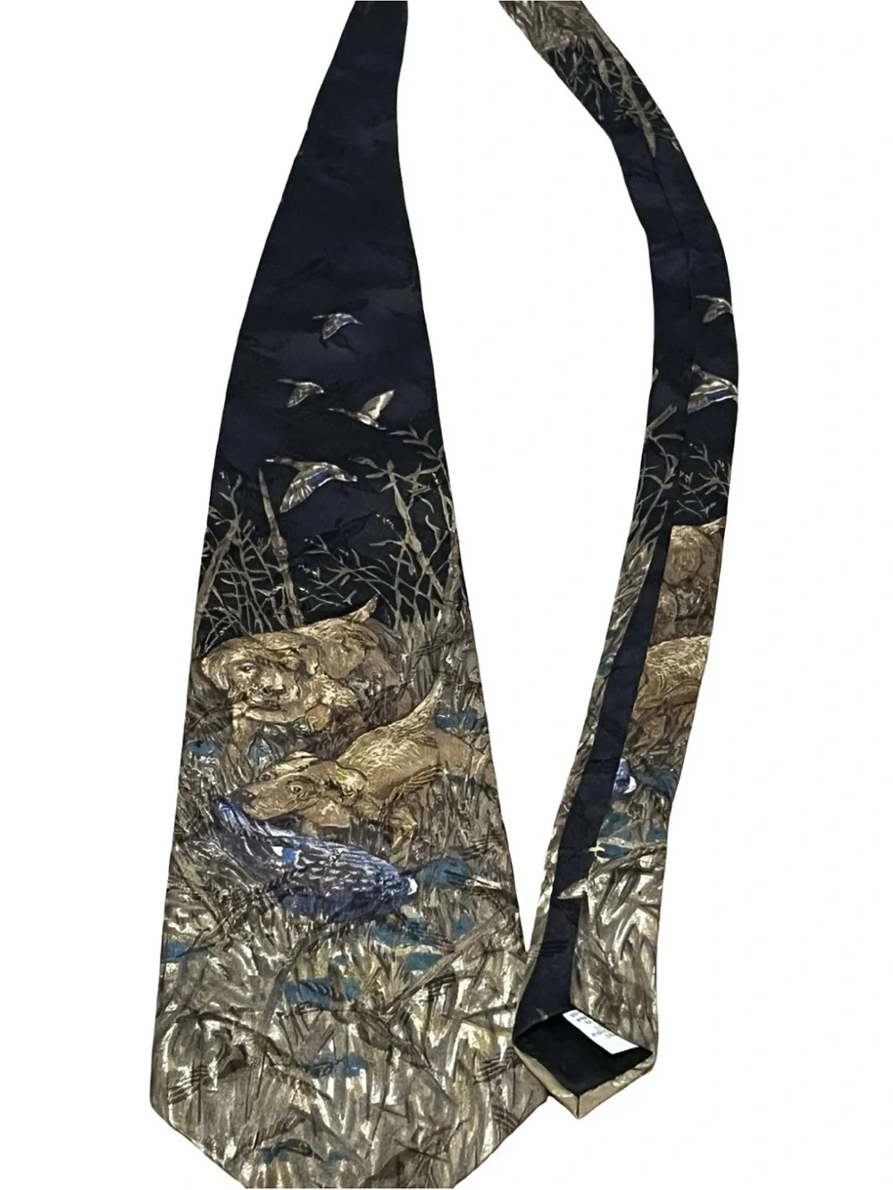 Vintage Field & Stream 100% Silk Tie Mallard Duck Hunting Dogs, Made in USA lab